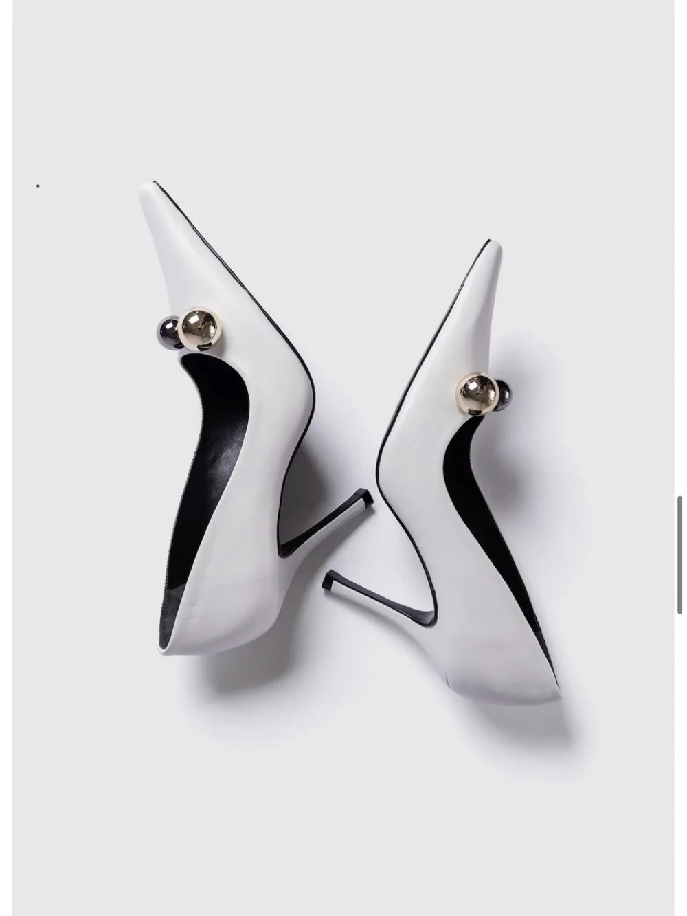 Larroude White Leather Pointed Toe Stiletto Pumps with Gold Orb Accent